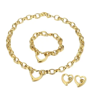 Fashion Heart Design Jewellery Set Gold Necklace Bracelet Earring Set for Women