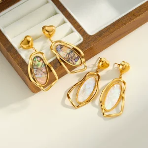 Fashion Heart Irregular Geometric Drop Earrings Stainless Steel Gold Plated Women’s White Shell Luxury Earrings for Party