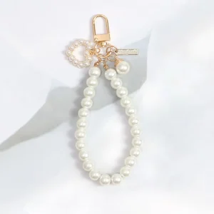 Fashion Heart Shell Keychain with White Pearl Bead Lightweight Wristlet Keyring Phone Bag Charm Pendant Gift