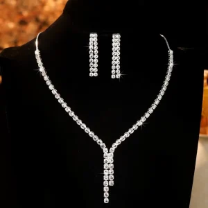 Fashion High End Full Diamond Y Shaped Necklace Earrings Set Bridal Wedding Anniversary Necklaces
