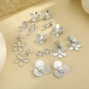 Fashion High Quality Waterproof Stainless Steel Silver Fine Jewelry Flower Pearl Stud Earrings for Women