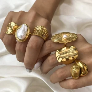 Fashion High Quality Women Jewelry Fashion Rings Stainless Steel 18K Gold Plated Hollow Out Geometric Link Chains Opening Rings