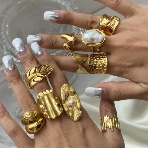 Fashion High Quality Women Jewelry Fashion Rings Stainless Steel 18K Gold Plated Hollow Out Geometric Link Chains Opening Rings