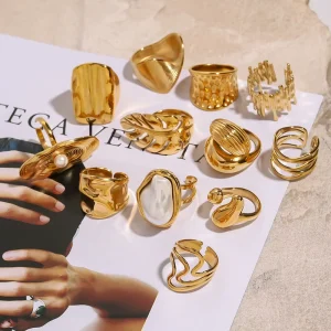 Fashion High Quality Women Jewelry Fashion Rings Stainless Steel 18K Gold Plated Hollow Out Geometric Link Chains Opening Rings