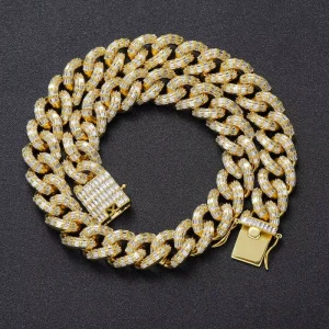 Fashion Hip Hop 16 MM Full Diamond Miami Cuban Chain Necklace Gold Plated Necklace for Hip Hop Party Jewelry Set Anniversary