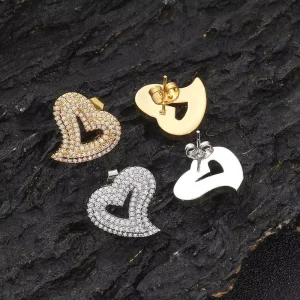 Fashion Hip Hop Gold Plated Brass Full Micro Pave Cubic Zirconia Hollow Heart Stud Earrings Women Trendy Generation