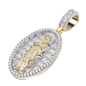 Fashion Hip Hop Jewelry Cubic Zirconia Virgin Mary Charm Gold Plated Blessed Holy Rhinestone Brass Round Pendant