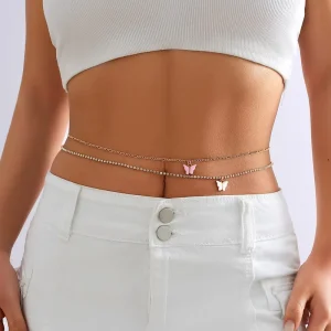 Fashion Holiday Summer Bikini Belly Chain Body Chain Ladies Sexy Multiple Butterfly Double Layers Rhinestone Alloy Party Gift