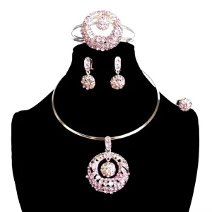Fashion Hollow Round Pink Rhinestone Jewelry Set 4PC Necklace Earring Bangle Ring Women Formal Accessories HY12090317
