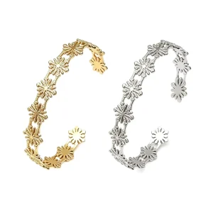 Fashion Hollow Stainless Steel Cuff Bangle Bracelet with Daisy Flower Pvd Gold Plated Waterproof for Women Cute Gift