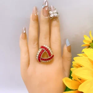 Fashion Hollow Triangle Open Ring Red Beads Faux Pearl Decor Adjustable Women Finger Ring Daily Ornament Gift VZ0266