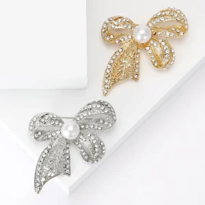 Fashion Hollow-out Brooch Pin Shawl Collar Scarf Bow Pin Brooches Pearl Rhinestone Bowknot Brooch Pin