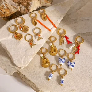 Fashion Hoop Earings 18k Gold Plated Stainless Steel Removable Charms Earrings Vintage Enamel Chili Earring Trendy Jewelry