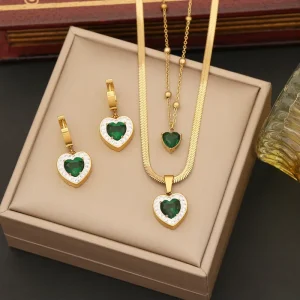 Fashion Hot Selling Emerald Zircon Crystal Vintage Stainless Steel Jewelry Set for Women