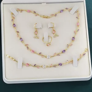 Fashion Hot Selling Waterproof Non Tarnished Stainless Steel 18K Gold Plated Tulip Flower Set Necklace