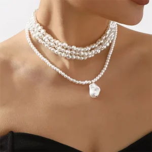Fashion Imitation Pearl Pearl Necklace Simple Double Shaped Choker Vintage Pendant Stacking Necklace for Women Gift Jewelry
