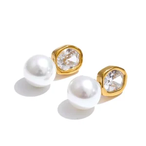 Fashion Inlaid Cubic Zirconia Earrings Geometric Shape Simulated Pearl Stainless Steel Earrings