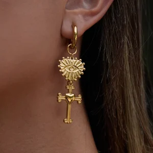 Fashion Ins Niche Design 18K Gold Stainless Steel Love Devil’s Eye Heart Pendant Women’s Earrings