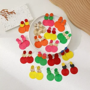 Fashion Irregular Contrast Color Women Geometric Multi Layer Circle Long Earring Colorful Enamel Women Metal Chunky Drop Earring