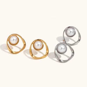Fashion Irregular Hollow Gold Plated Stud Earrings Stainless Steel Pearl Jewelry Earring