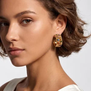 Fashion Irregular Twisted Brass C Hoop Earrings Multicolor Crystal Gold Plated Women Ear Jewelry
