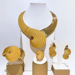 Fashion Italian Gold Plated 4Pcs Jewelry Set Ribbed Swirl Statement Bib Necklace Earrings Bracelet Ring for Women Wedding Party