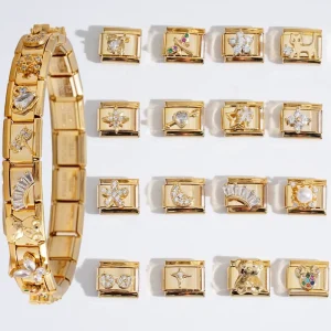 Fashion Italian Link Charms Gold Stainless Steel Rhinestone Gold Plated Italian Charm Bracelet with Diamonds