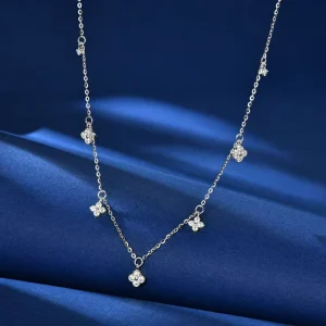 Fashion Jewelry 14K Gold Plated 925 Silver 2mm Moissanite Tassel Four Leaf Flower Dangle Pendant Necklace Women