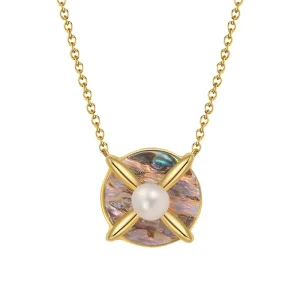 Fashion Jewelry 14K Gold Plated Pearl Necklace With Abalone Shell 925 Sterling Silver Freshwater Pearls Necklace