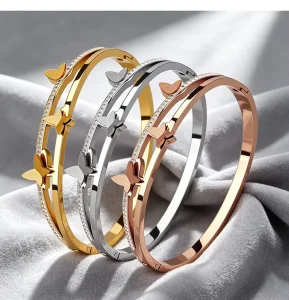 Fashion Jewelry 18K Gold Plated 316 Stainless Steel Butterfly Women’s Bangle Crystal Rhinestone Inlaid Waterproof Trendy Gift