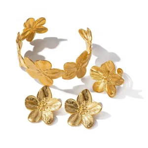Fashion Jewelry 18K Gold Plated Flowers Bracelets Gift Stainless Steel Hammer Statement Flower Cuff Bangle Earrings Rings Set