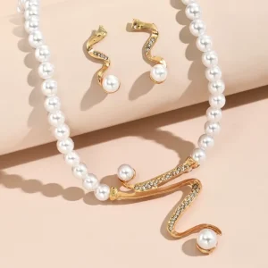 Fashion Jewelry 18K Gold Plated Imitation Pearl Bridal Jewelry Set Earrings Pendant Two piece Wedding Engagement Party