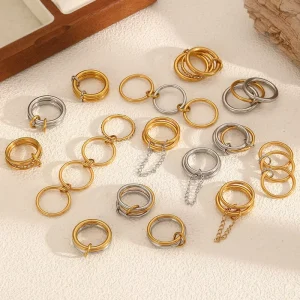 Fashion Jewelry 18K Gold Plated Multilayer Geometric Circle Rings with Chain Stainless Steel Fashion Rings Jewelry for Women