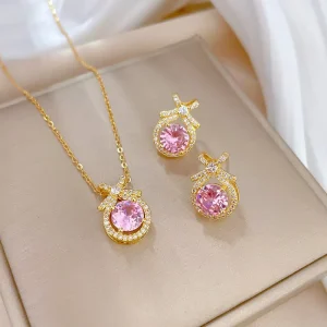 Fashion Jewelry 18K Gold Plated Set Luxury Stainless Steel Diamond Gemstone Butterfly Flower Jewelry Sets