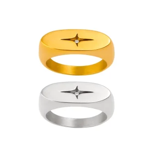 Fashion Jewelry 18K Gold Plated Stainless Steel Creative Fashion Rings Oval Star Zircon Index Finger Rings for Women