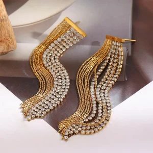 Fashion Jewelry 18K Gold Plated Stainless Steel Geometric Fashion Drop Earrings Zircon Chain Tassel Earrings for Women