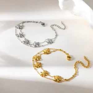 Fashion Jewelry 18K Gold Plated Stainless Steel Texture Hammer Flower Charms Double Layer Bracelet for Women Party