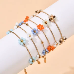Fashion Jewelry 18k Gold Plated Stainless Steel Glass Crystal Bead Flower Adjustable Waterproof Bracelet for Women