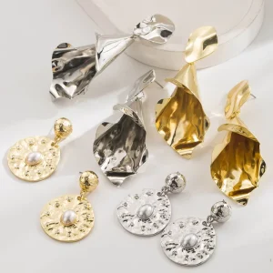 Fashion Jewelry 18k Gold Plated Women Irregular Geometric Pattern Earrings Big Floral Pearl Dangle Earrings