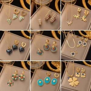 Fashion Jewelry 18k Gold Stainless Steel Zircon Butterfly Earrings Necklace Set for Women Wedding Engagement