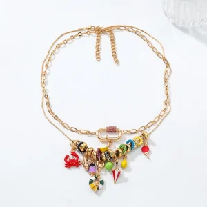 Fashion Jewelry 2 piece Set Multi layer Full Diamond Crab Fruit Swimming Ring Pendant Necklace Women Enamel Necklace