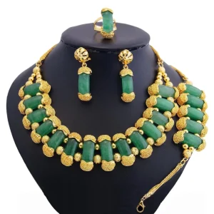 Fashion Jewelry 24k Dubai Gold Plated Necklace Natural Green Coral Jewelry Set