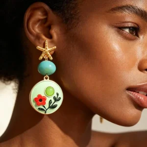 Fashion Jewelry 3D Printed Flower Round Circle Floral Earrings Multi color Energetic 18k Gold Green Enamel Earrings