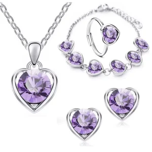 Fashion Jewelry 4PCS SET Love Heart Pendant Necklaces Bracelet Earrings Rings Jewelry Set Crystal Jewelry Set for Women