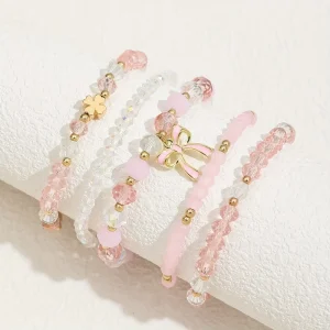 Fashion Jewelry 5 Pcs/set Pink Crystal Beaded Bracelet Butterfly Charms Stackable Bracelet Sets for Women Jewelry Gifts