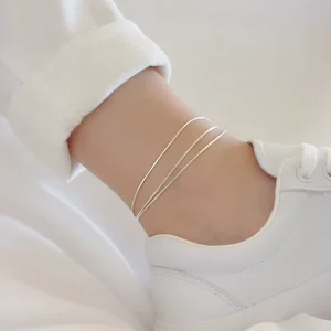 Fashion Jewelry 925 Sterling Silver Ankle Bracelet Double Layered Foot Chain Flat Bead Anklets