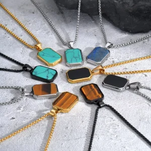 Fashion Jewelry Accessories Stainless Steel Rectangular Natural Stone Turquoise Natural Tiger Eye Stone Pendant Necklace
