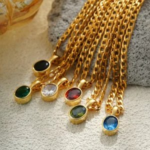 Fashion Jewelry Accessories Vintage Stainless Steel Oval Faceted Crystal Zircon Pendant Necklace Women