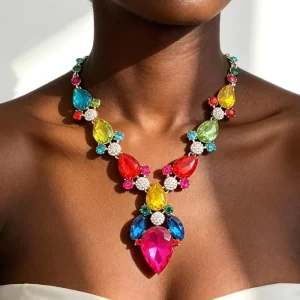 Fashion Jewelry Alloy Diamond Women Sweater Colorful Necklaces Crystal Bridal Stone Necklaces