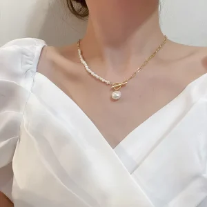 Fashion Jewelry Baroque Charm Gold Plated Chunky Link Beaded Freshwater Pearl Necklace